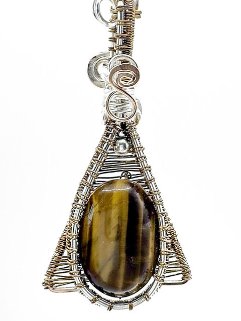 TIGER GAZE Tiger's Eye Pendant Link Necklace - 24" Silver & Bronze