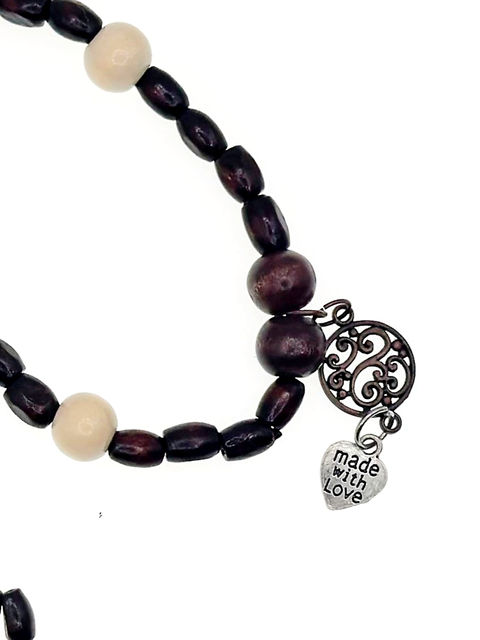 EARTH Wooden Beaded Necklace - 20" African Wood Beads Silver Accents