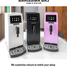 Barissima BA3 automated milk systems in white, black and pink, demonstrating custom colour options available to suit different café setups.