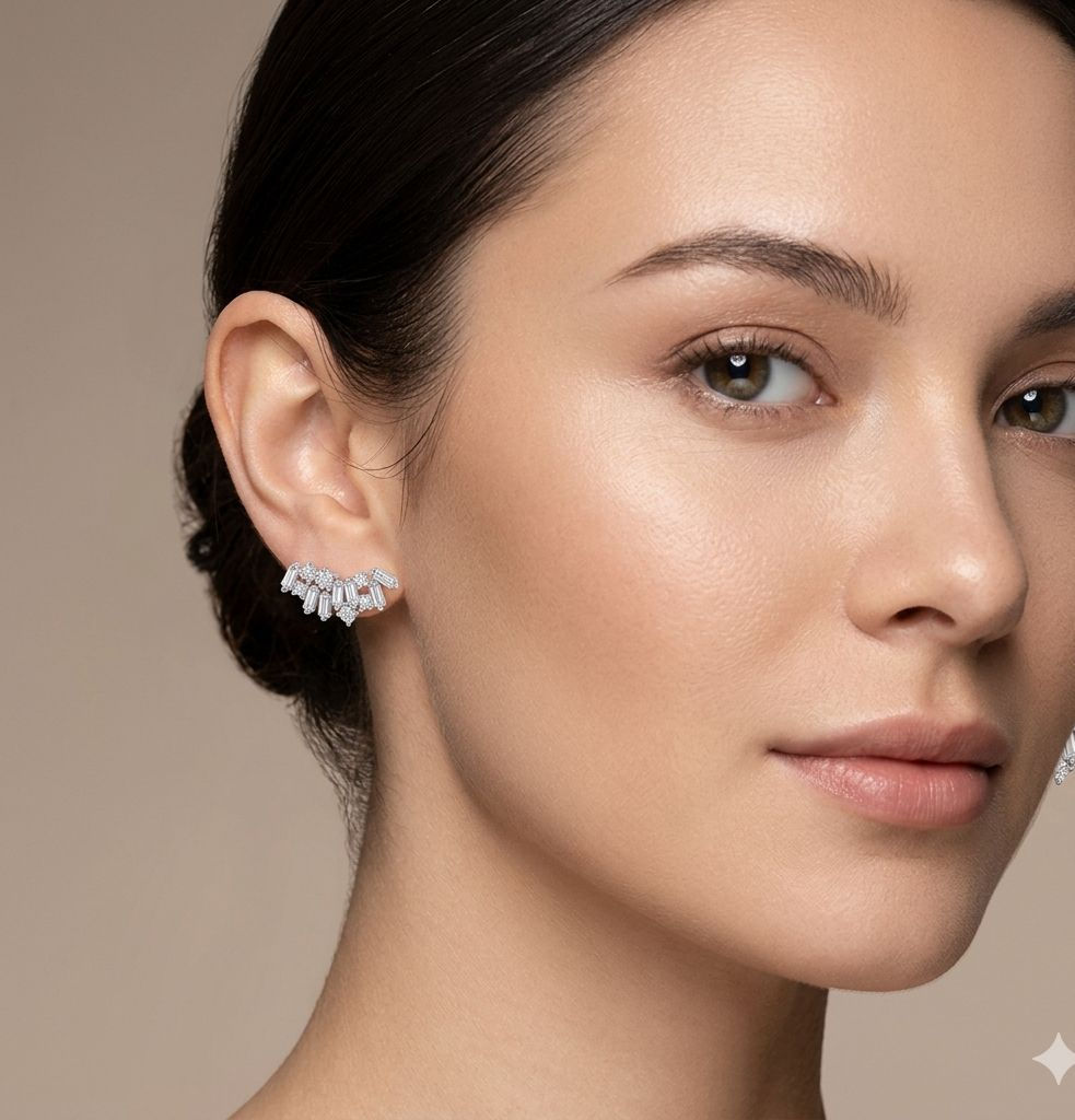 BRINCO EAR CUFF EM CRISTAIS E ZIRCÔNIAS PRATA RODINADA