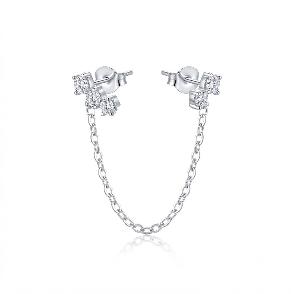 PIERCING DOIS FUROS COM CINCO REDONDOS E CORRENTE MOISSANITE E PRATA 925