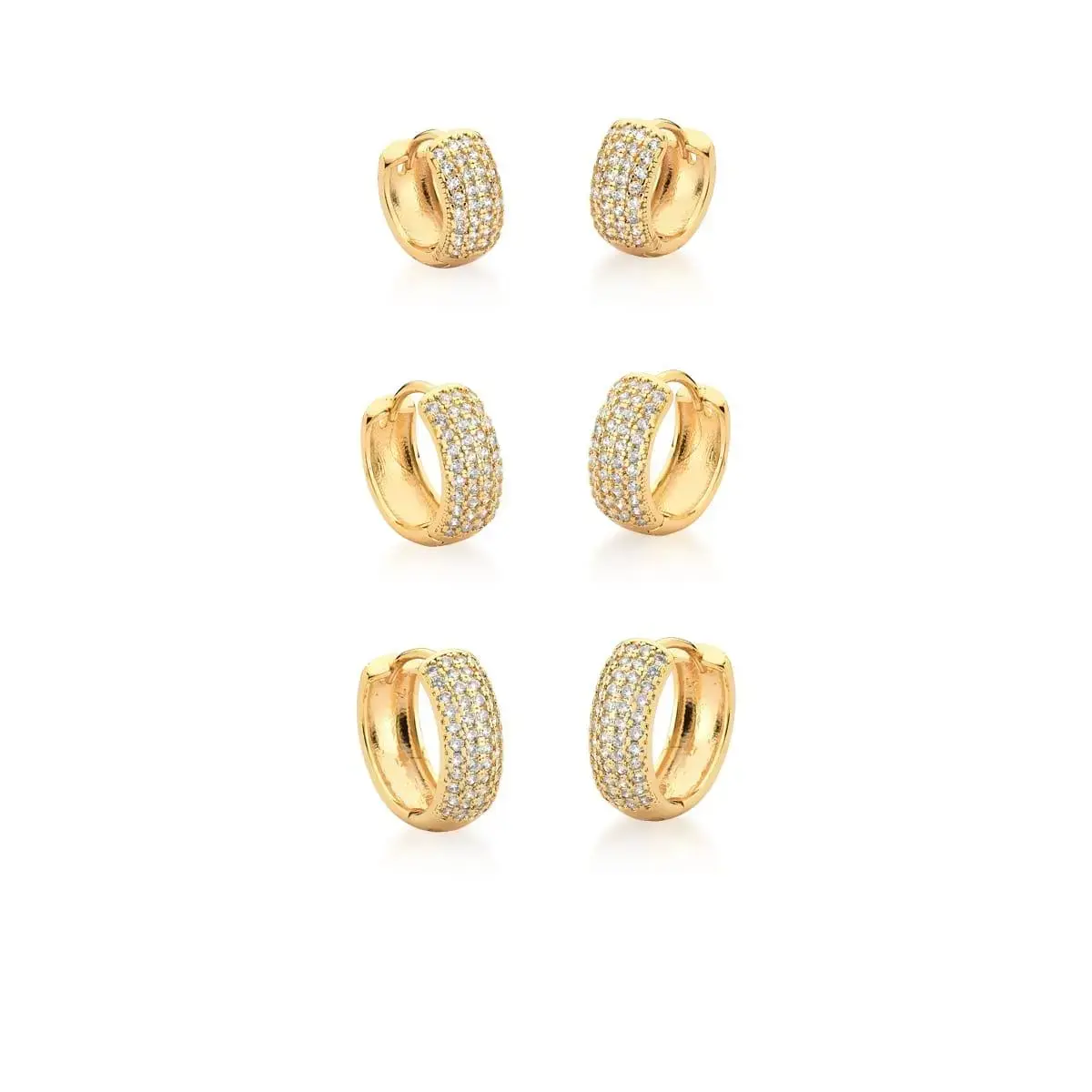 KIT TRÊS PARES DE ARGOLAS COM ZIRCÔNIAS BRANCAS BANHADO A OURO