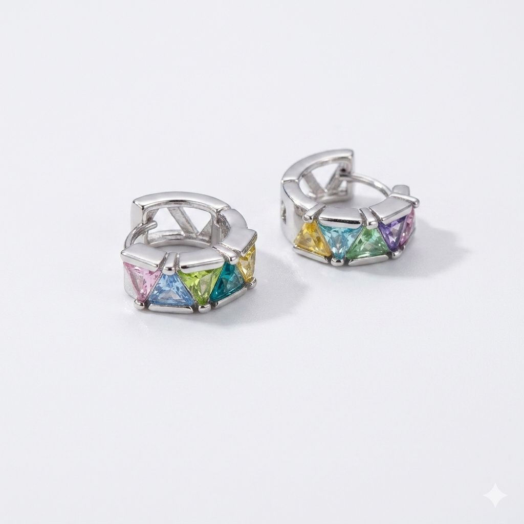 BRINCO DE ARGOLA COM ZIRCONIAS TRIANGULARES COLORIDAS