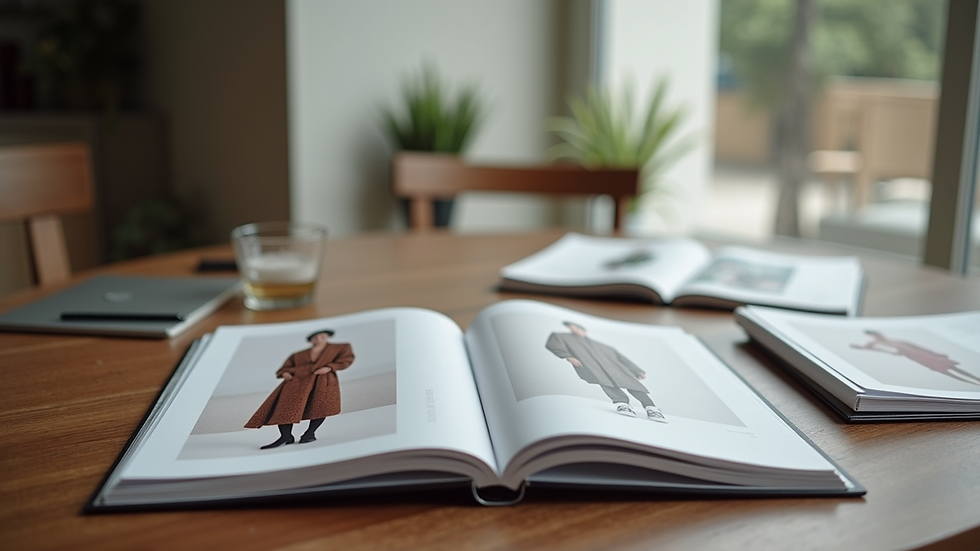 Eye-level view of a fashion portfolio displayed on a table