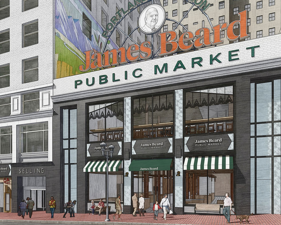 James Beard Public Market: exterior rendering showing entrance and seating