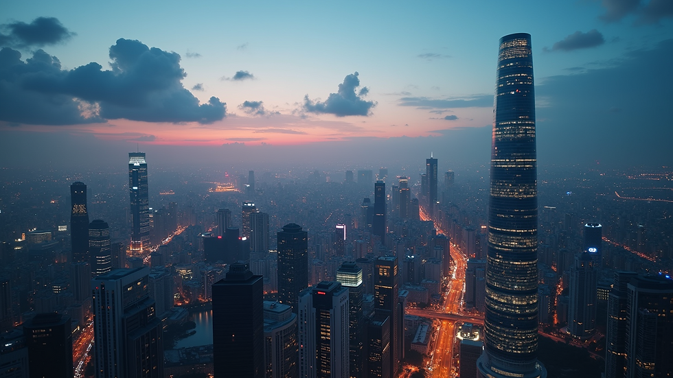 Close-up view of a modern Asian city skyline at dusk