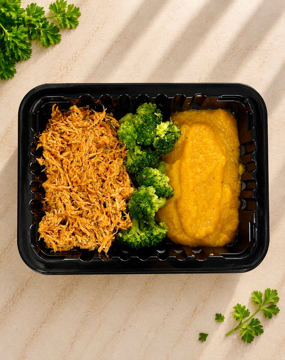 Shredded Beef with Kabocha Purée & Brocolis