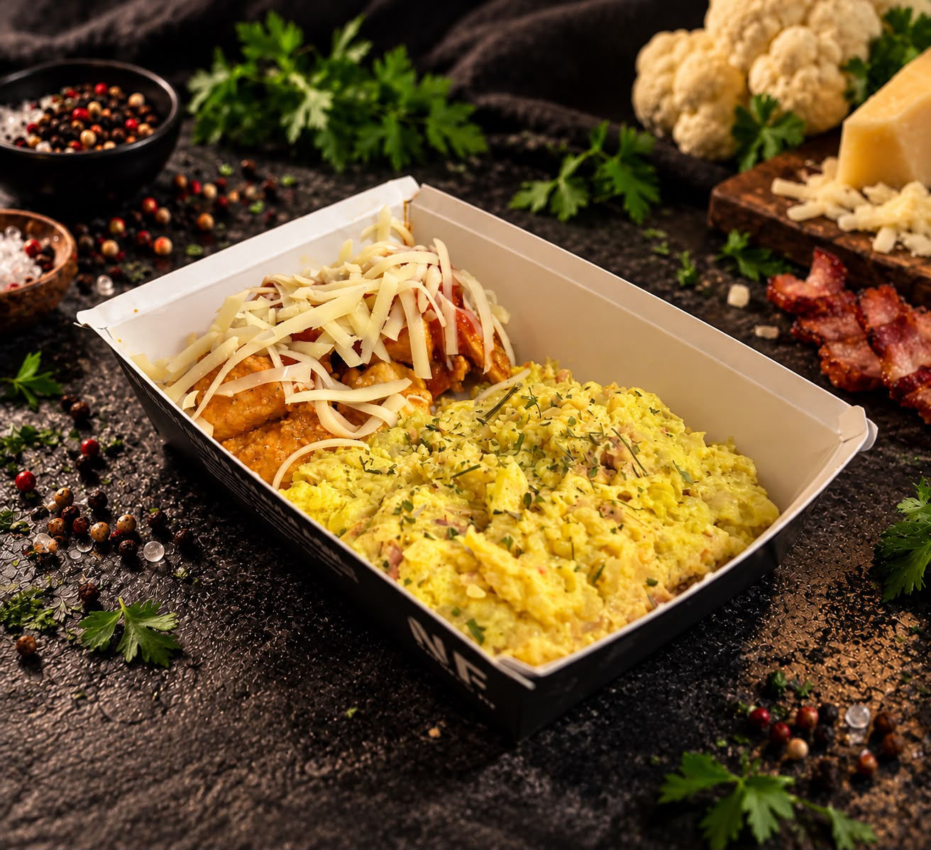 Chicken Mozzarella com Risoto de Couve-Flor e Bacon