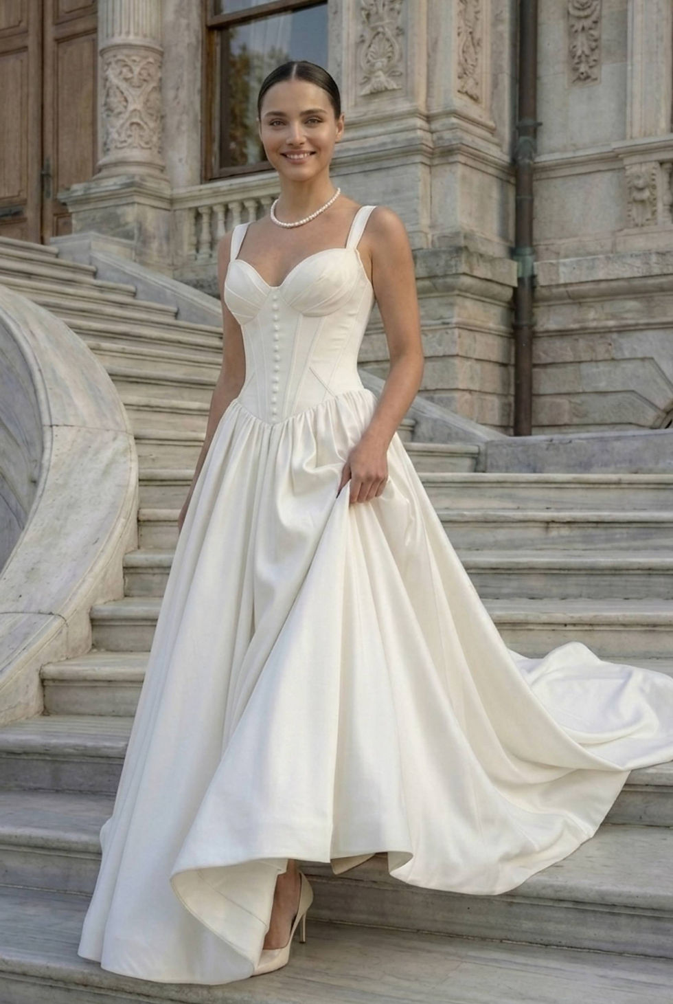 Atelier Mila Kadıköy, kalın askılı, önden düğme detaylı mikado saten gelinlik modeli. Saray ve otel düğünü konsepti.