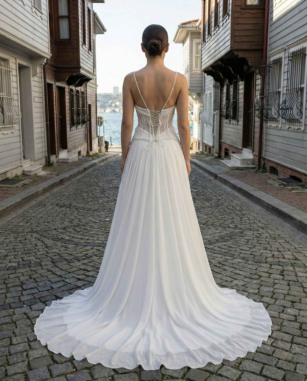 İpli sırt dekolteli, bedene tam oturan transparan korse detaylı ve uçuş uçuş etekli Atelier Mila gelinlik modelinin arkadan görünümü.