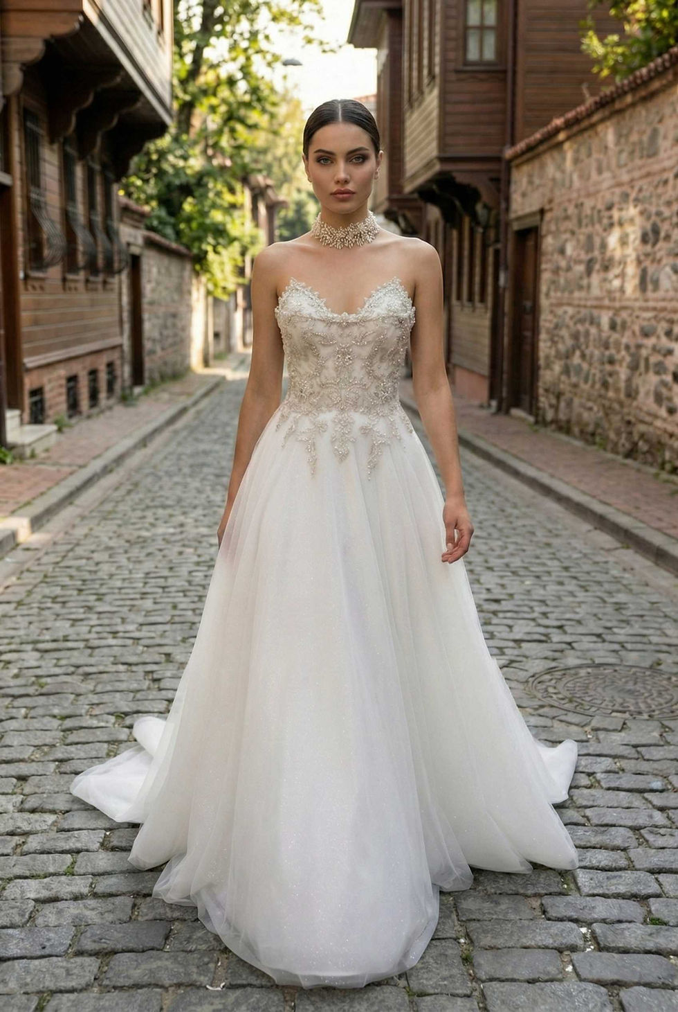 Atelier Mila Kadıköy, kalp yaka, gövdesi yoğun inci ve boncuk işlemeli tül etekli A-kesim gelinlik. Tarihi sokak konsept çekimi.