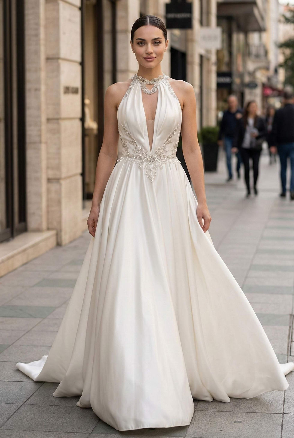 Atelier Mila Kadıköy, boyundan bağlamalı (halter yaka), göğüs dekolteli ve taş işlemeli saten gelinlik modeli. Modern A-kesim tasarım.