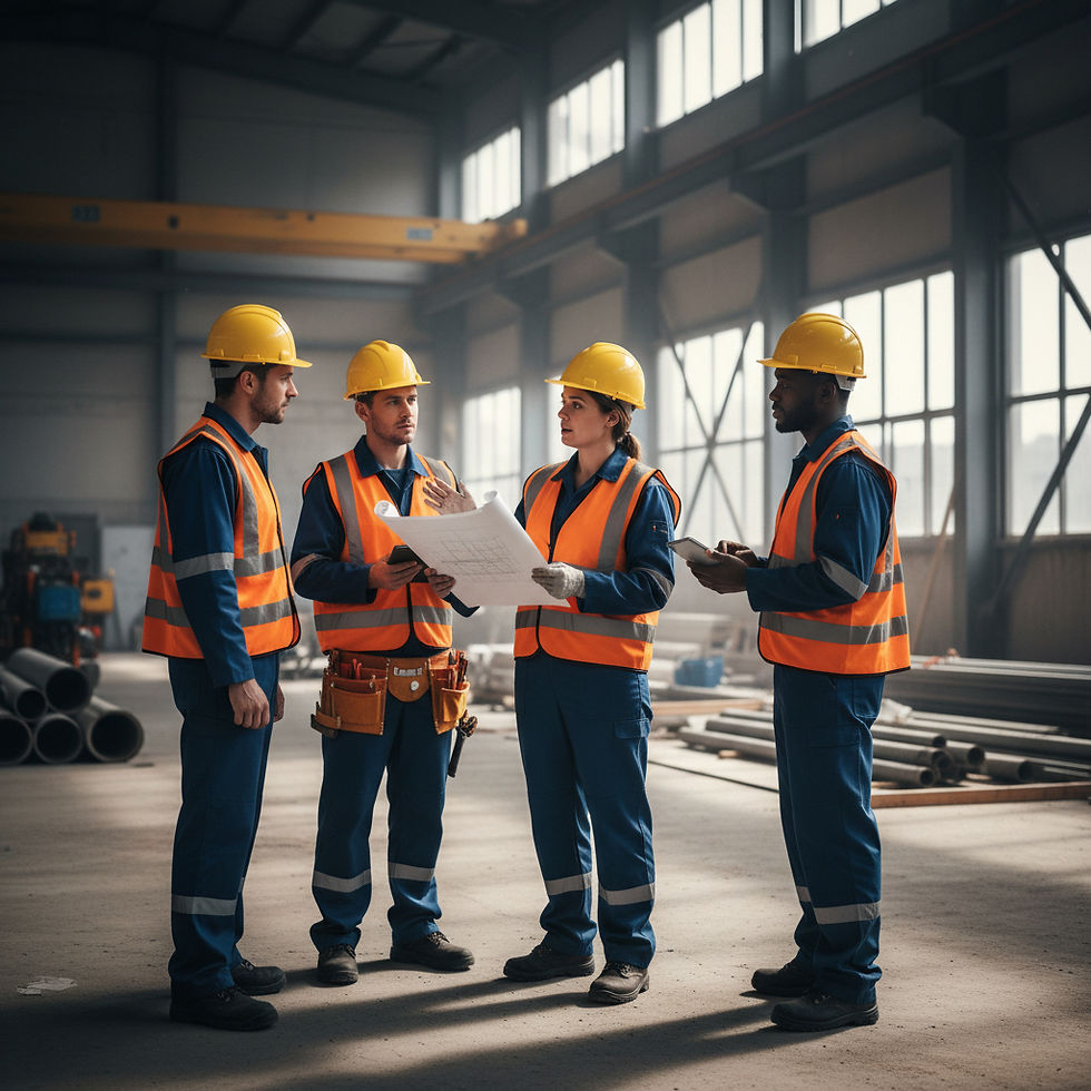 _A photo of a tradesperson conducting a safety briefing or toolbox talk with a small crew