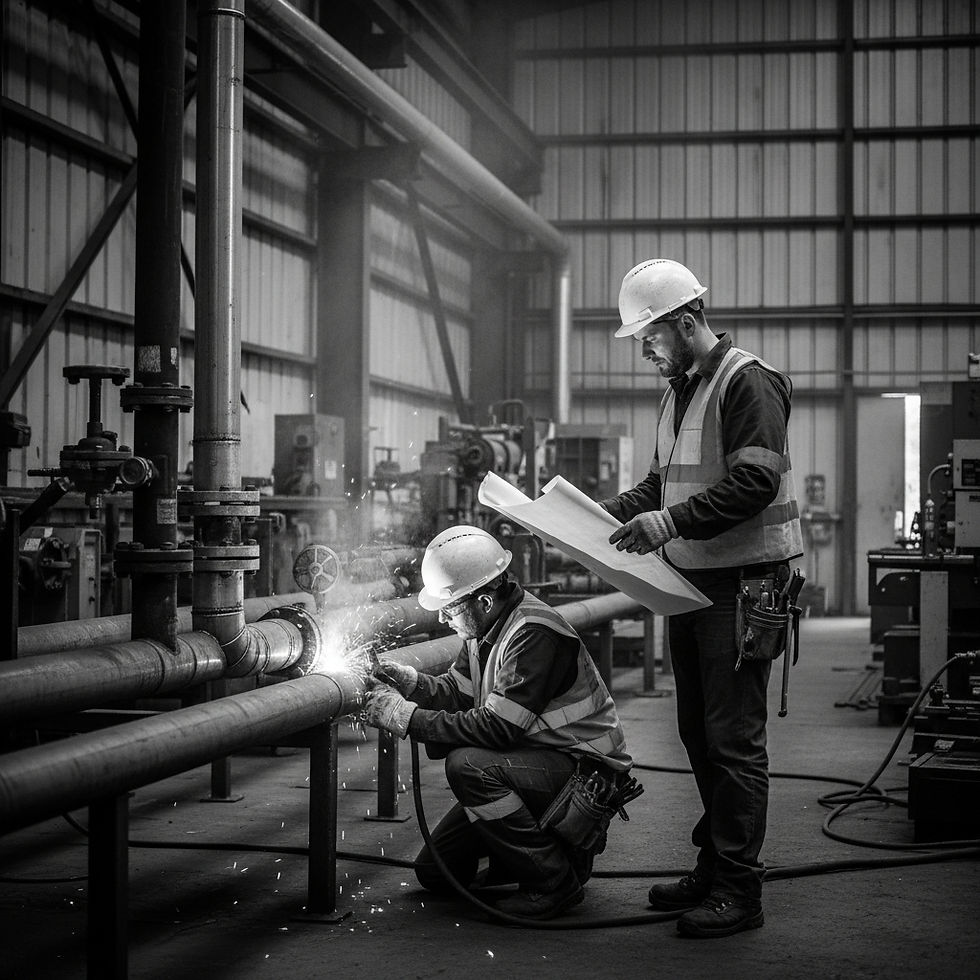 _A photo of two tradespeople in an industrial facility, hard hats and safety vests, workin