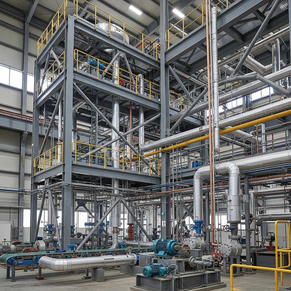 _A photo of an industrial mechanical or fabrication facility with structural steel and pip