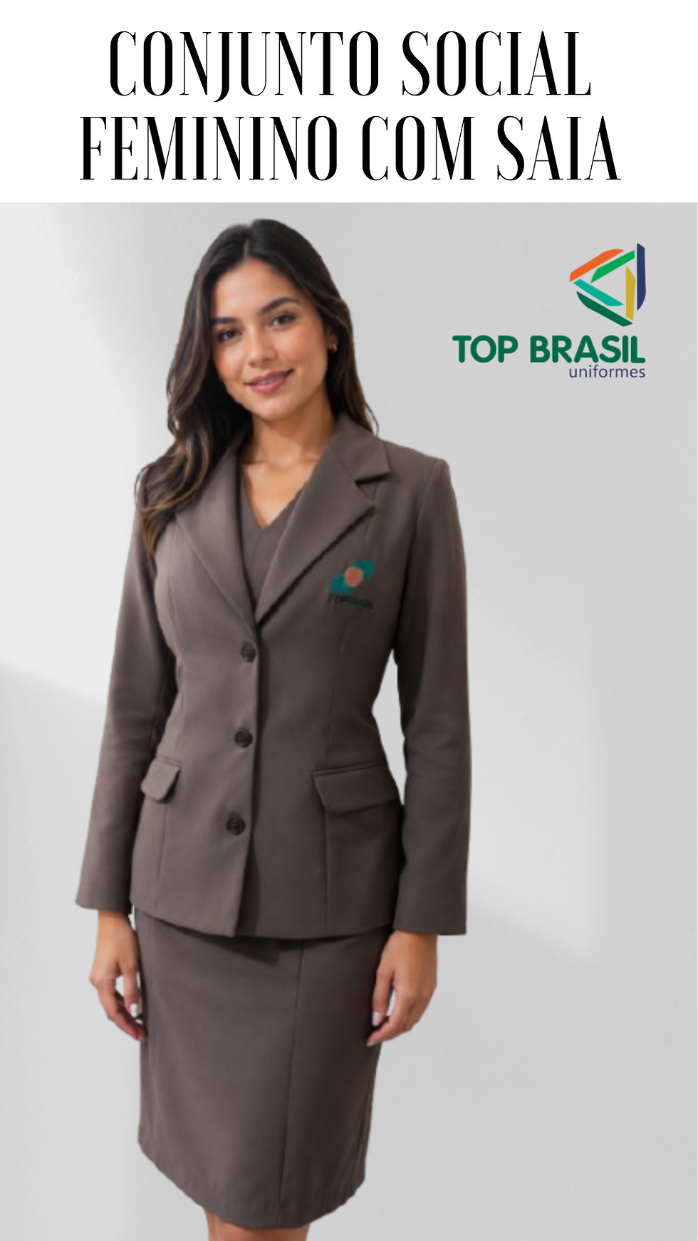 Conjunto com corpete com decote V, blazer com gola tradicional e saia com recorte na frente