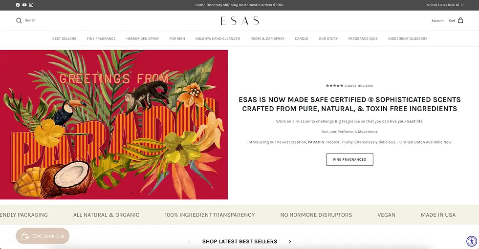 Esas includes a CTA for their Fragrance quiz in the Home Page NAV