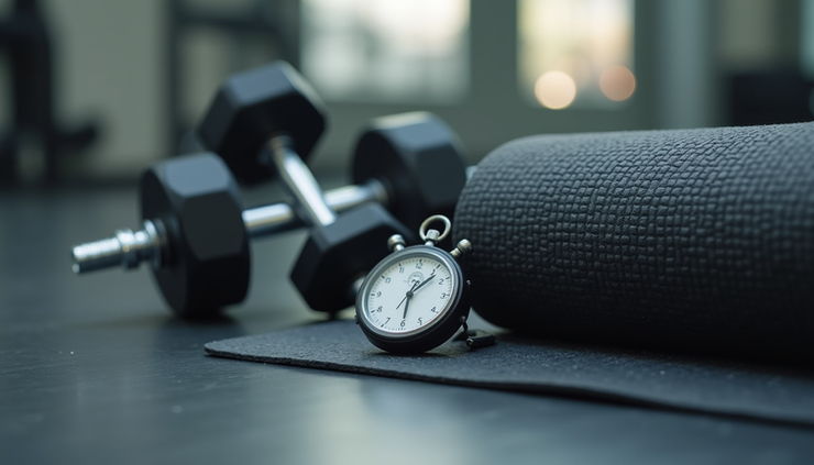 Close-up view of a stopwatch and gym equipment ready for a timed workout session