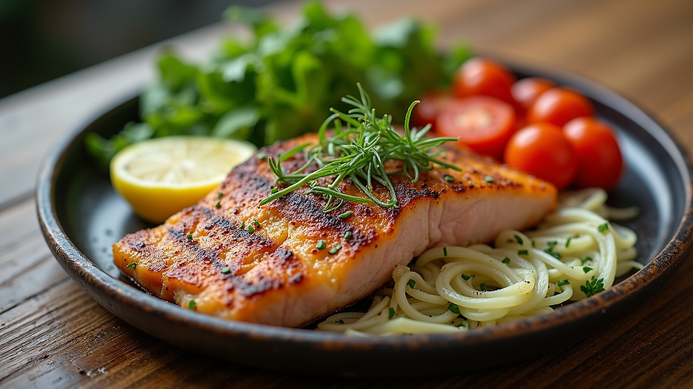 High angle view of a healthy meal with vegetables and lean protein