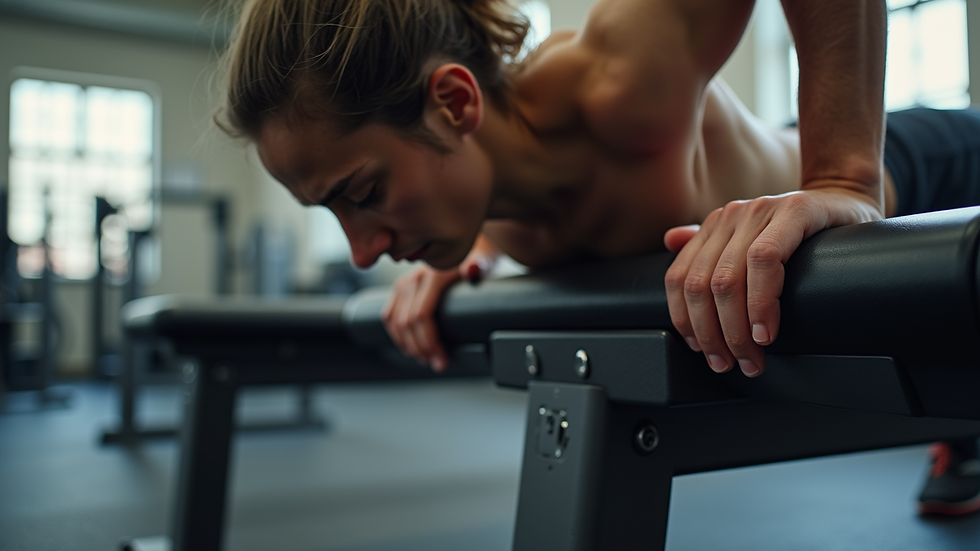 Close-up view of a person doing an incline push-up against a sturdy bench