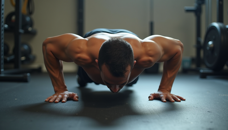 Eye-level view of a person performing a perfect push-up on a gym floor