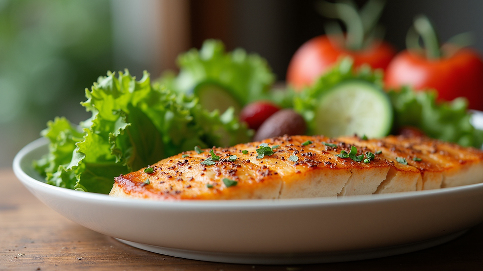 Eye-level view of a healthy meal with vegetables and lean protein