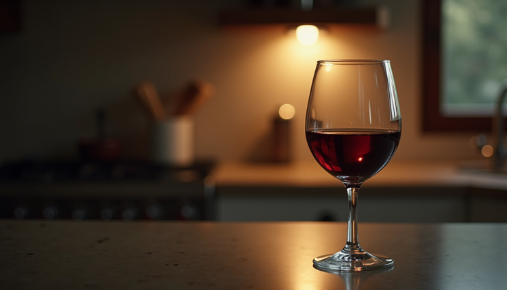 Eye-level view of a half-empty wine glass on a kitchen counter