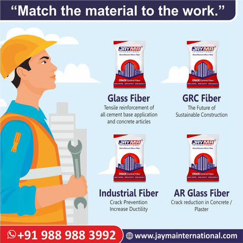 in the picture a anime engineer is shown which is matching teh fiber according to his requirement. he is matching jayma fiber, glass fiber, crack control fiber, GRC fiber, etc