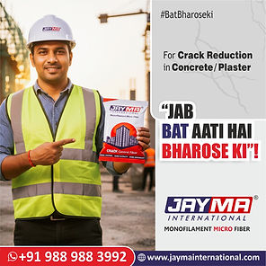 Man in construction gear holds Jayma International fiber package. Text: "Jab Bat Aati Hai Bharose Ki!" Construction site background.