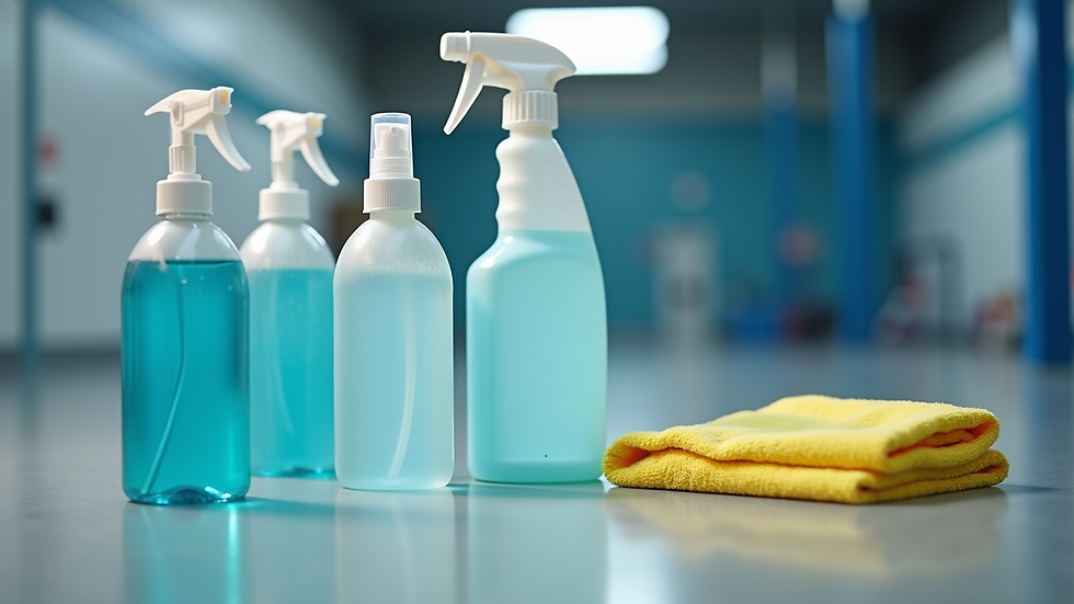 Close-up view of gym cleaning supplies and disinfectants