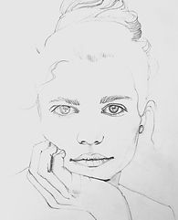 Pencil drawing or sketch head portrait of  a young girl, chin leaning on her hand