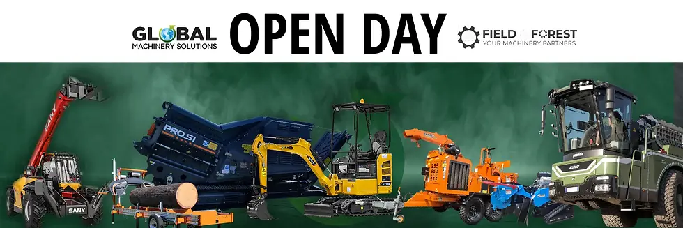 A website banner with the two logos of Global Machinery Solutions and Field & Forest either side of OPEN DAY in big letters.  Below that is a collage of machinery. 