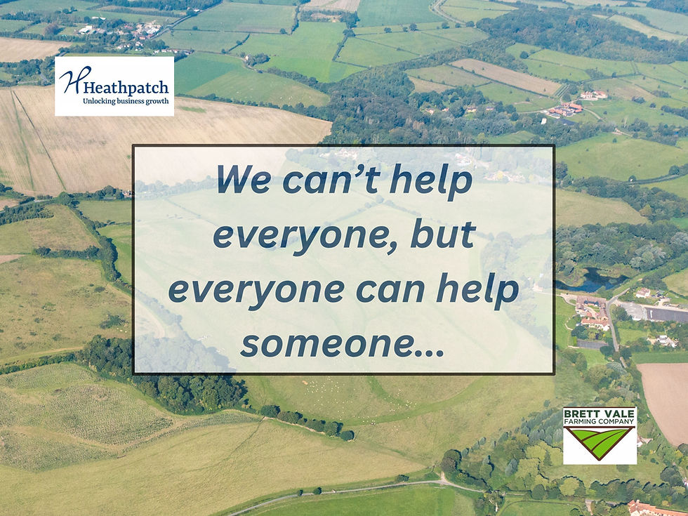 "We can't help everyone, but everyone can help someone" text with a background aerial view of the farm.