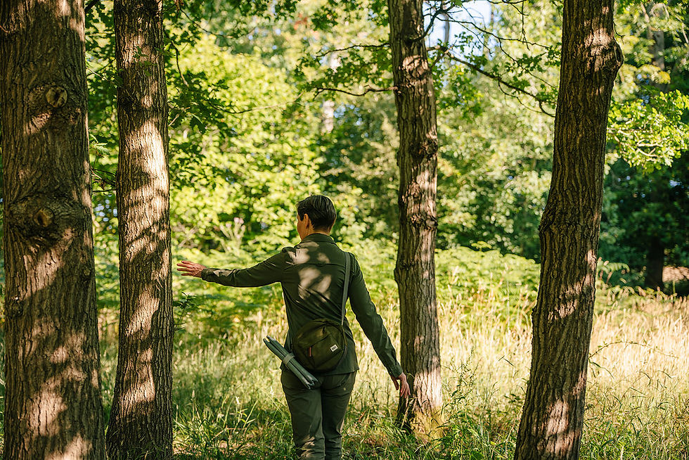 A woman walking in sunlight under trees