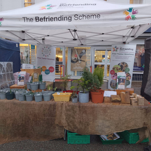 Stall selling plants for The Befriending Scheme in a Farmers' Market