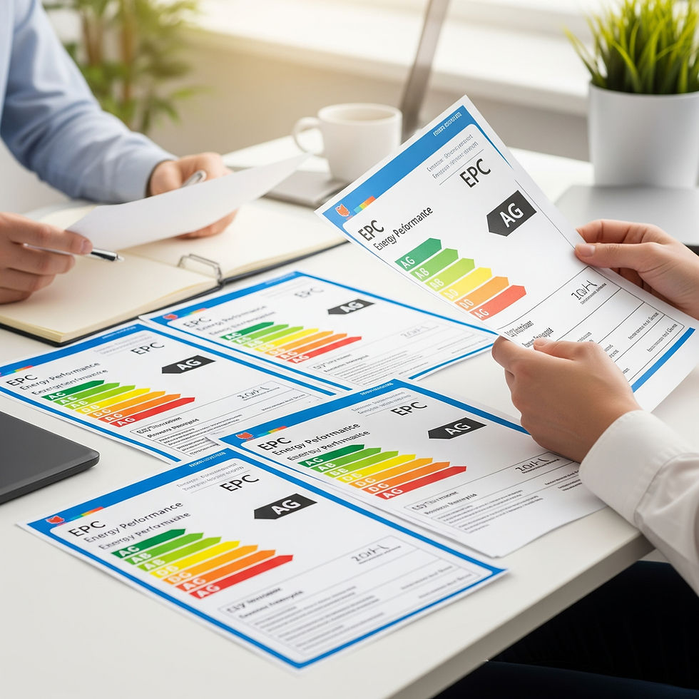 Two people looking at EPC certificates