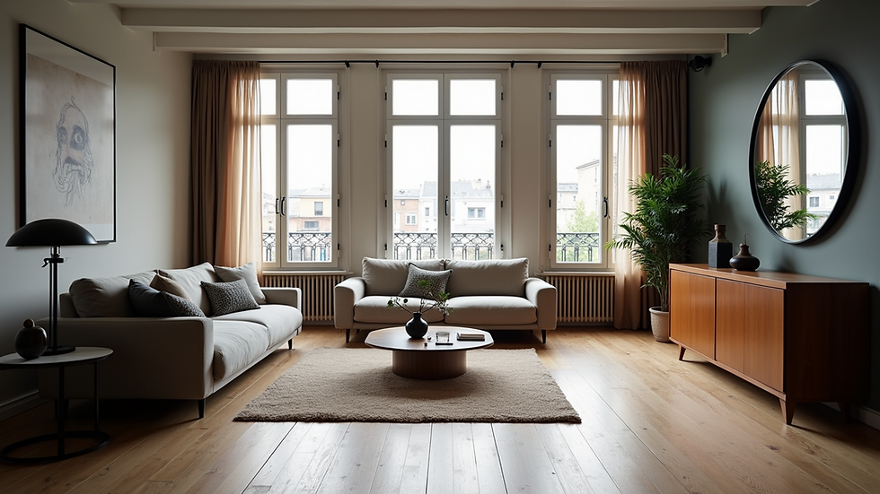 Wide angle view of a modern loft interior in Paris