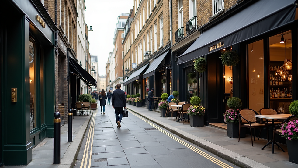 Wide angle view of a vibrant London neighborhood