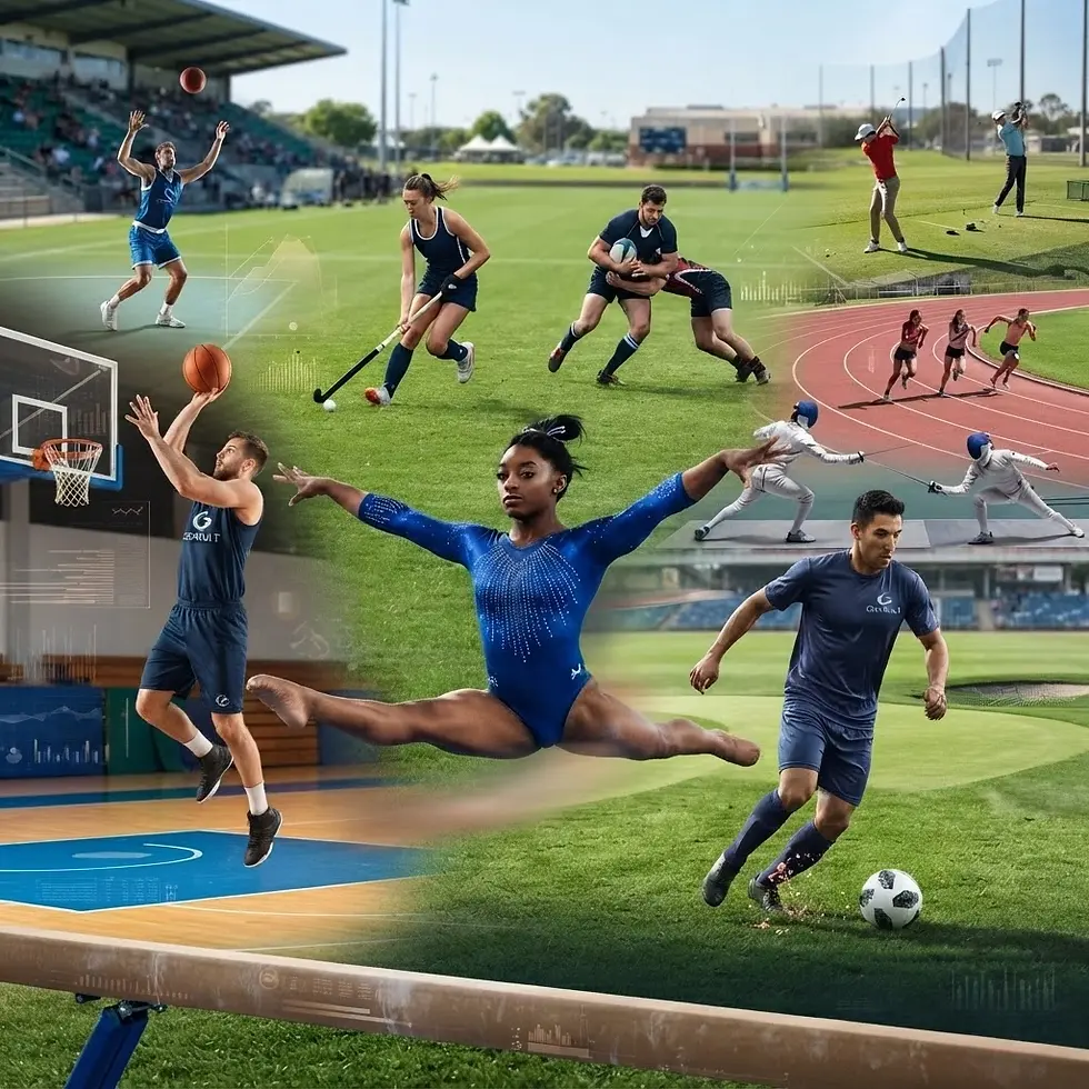 Digital collage depicting athletes engaged in diverse sports, from gymnastics and basketball to soccer and rugby, in a vibrant outdoor setting.