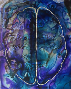 Ink on Yupo, 2022 Layered ink painting with brain scan image and quote from Marcus Aurelius