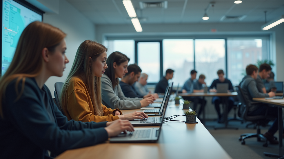Wide angle view of a modern classroom setting with students engaged in a training session