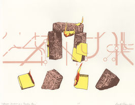 Screenprint image of bricks arranged in a post-lintel structure and post-in notes on fire.