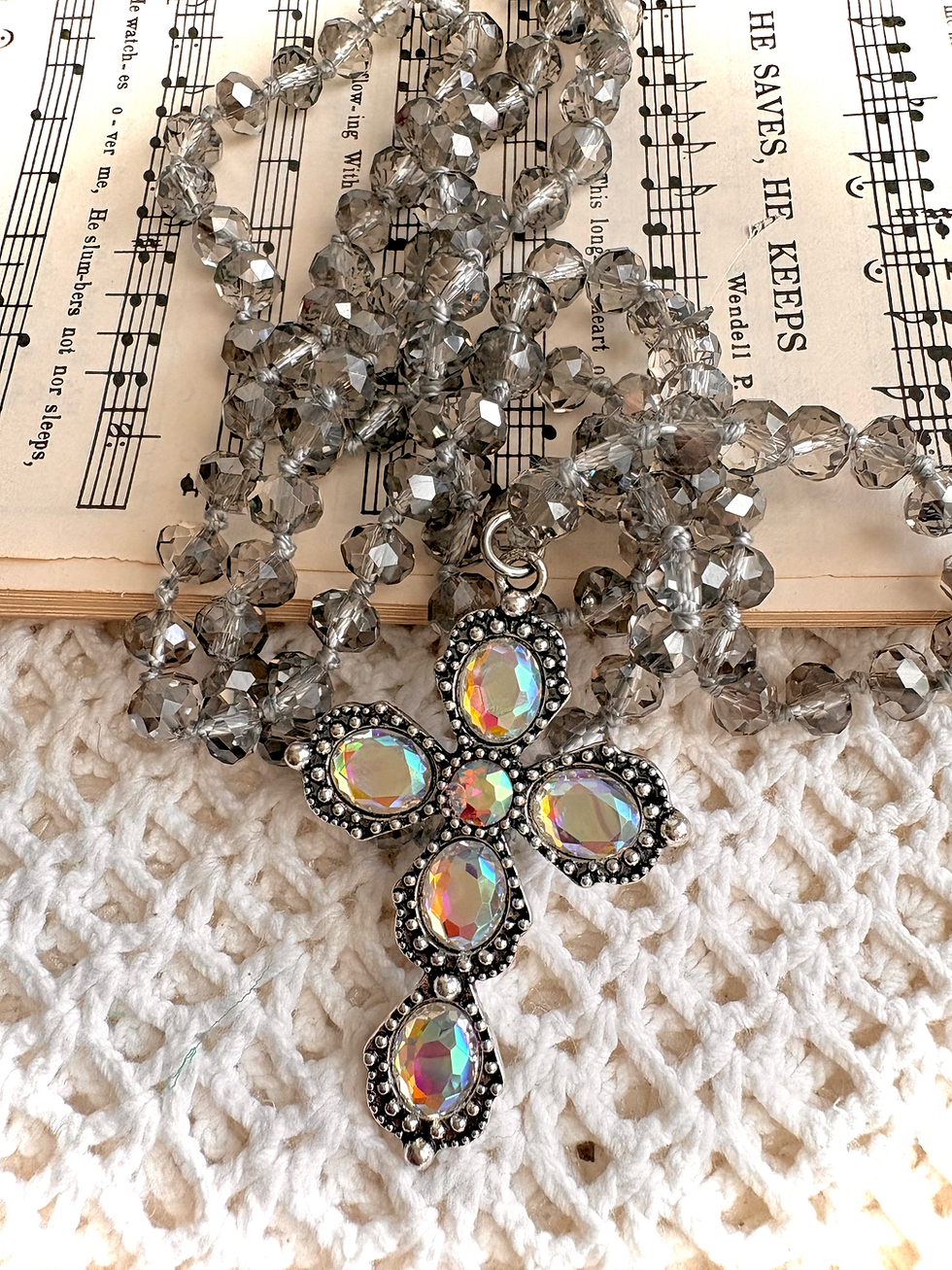 Thumbnail: Moonlit Faith • Cross Pendant & Glass Beaded Statement Necklace 
