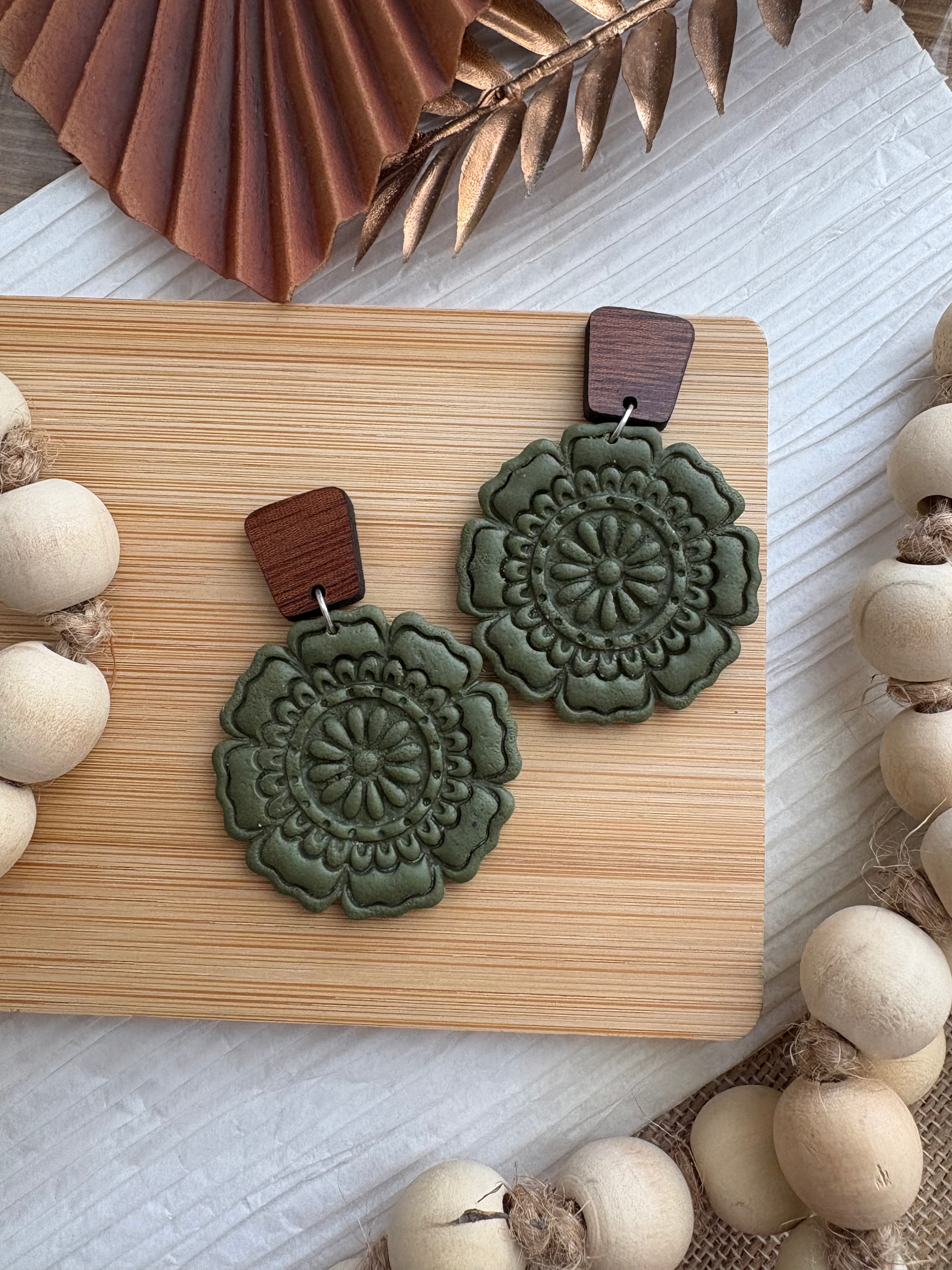 Olive Green Clay & Wood Dangle Earrings 