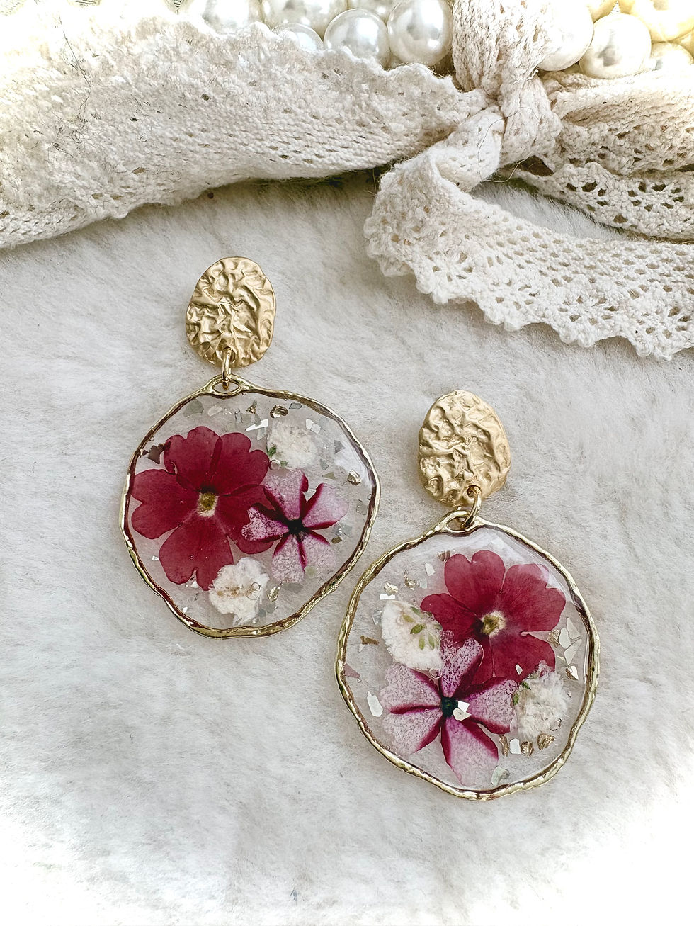 Thumbnail: Crimson Blooms • Pressed Flower Earrings, Resin Dangles 