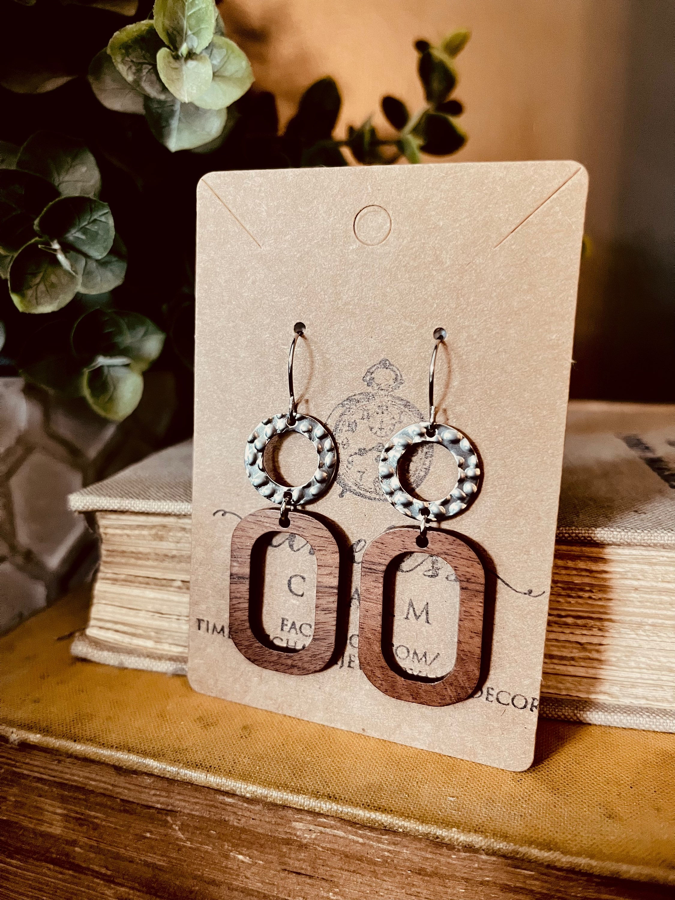 Wood + Hammered Metal Dangle Drop Earrings 