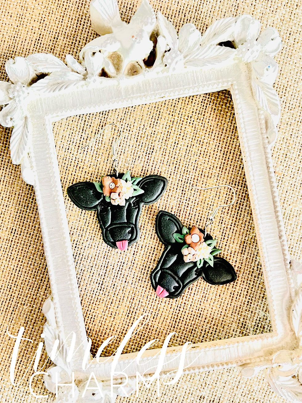 Thumbnail: Crowned Cows •  Polymer Clay Dangle Earrings 
