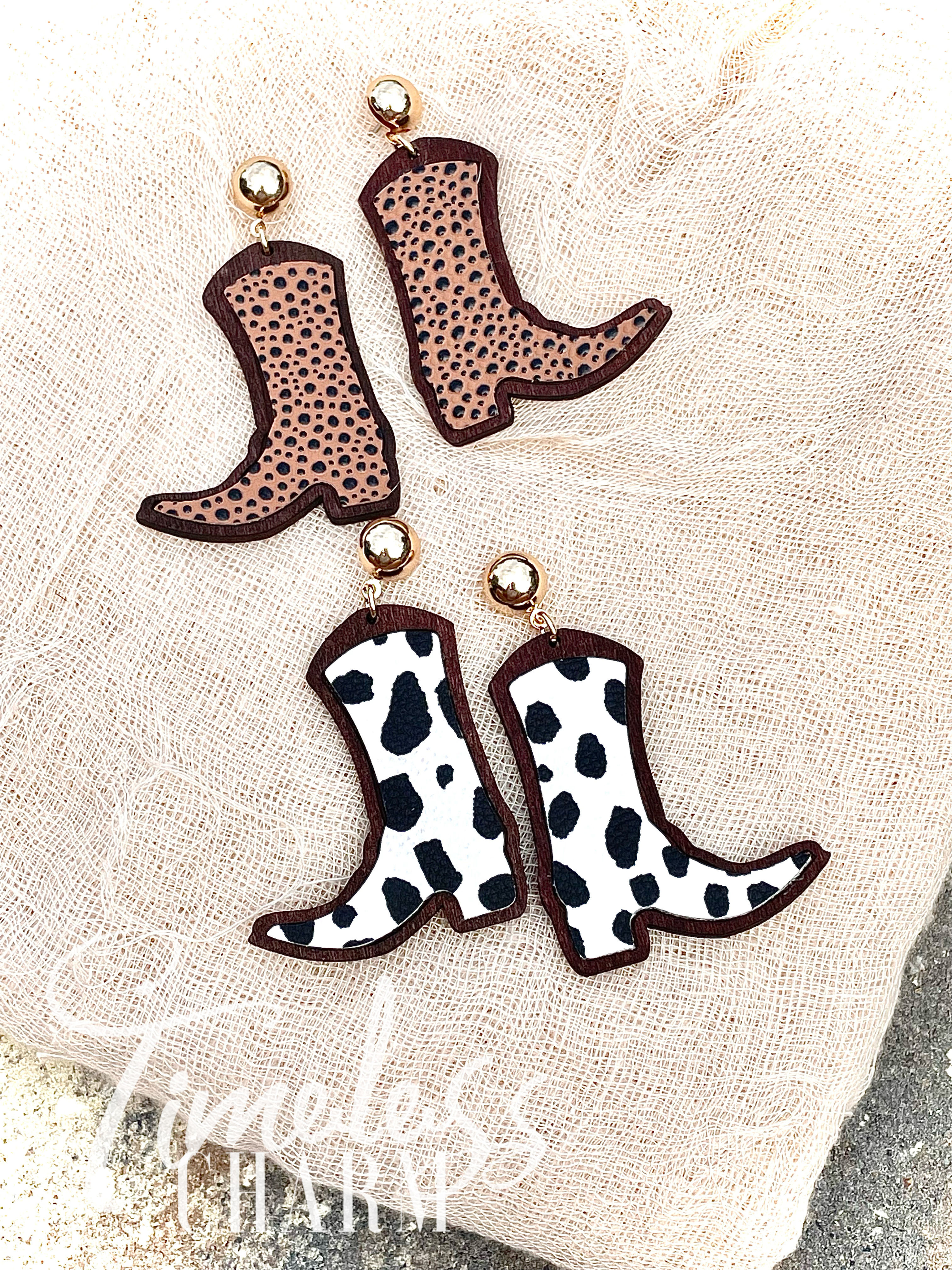 Wood & Leather Western Boots Dangle Earrings