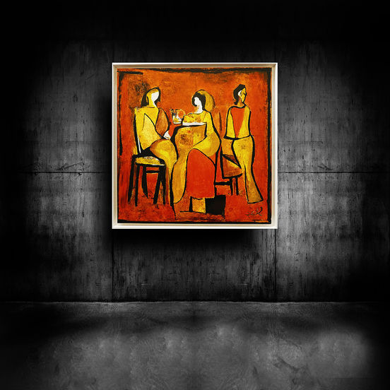 This beautiful surrealistic artwork captures the joy of people watching! It features three sisters enjoying coffee while they watch the world go by in this busy Madrilenian city street. The vibrant colours and intricate details of the painting make it a stunning addition to any home or office. It's a great reminder of the pleasure that can be found in simply observing the world around us. This piece is sure to brighten up any space and bring a smile to the face of any art lover.

Acrylic paint on panel 50x50cm | White wooden float frame 55x55cm | Available exclusively at First View Art Gallery, Stourhead, Spread Eagle Courtyard, Warminster BA12 6QE, Wiltshire.