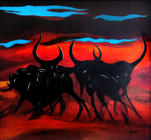 The bull is a symbol of the culture, history, and tradition of the Andalusian region of Spain. This abstracted image of 'Los Toros' in an arid landscape is a powerful representation of the region's unique and beautiful environment. The strong and vibrant spirit of the bull is a reminder of the strength of the tradition that has been passed down for generations. 'Andalusian' is a stunning and powerful piece of art that will capture the attention of anyone who appreciates the beauty of Spain's culture, history, and traditions. 

Acrylic paint on panel 100x100cm | Black wooden float frame 105x105cm | Available.